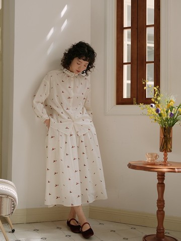 白色圓領純棉文藝套裝 木耳邊襯衫長裙日系穿搭 春