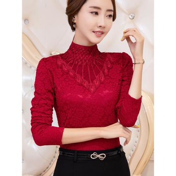 高領加絨加厚打底衫女2025秋冬新款內搭修身洋氣時尚保暖蕾絲上衣