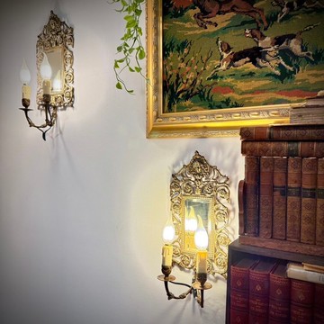 法國新古典風格時序女神Horae斜邊鏡華麗黃銅壁燈ㄧ盞