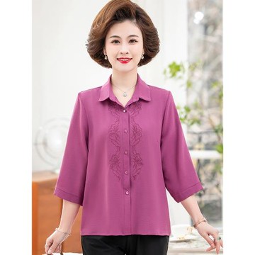 洋氣媽媽夏裝雪紡衫上衣中老年人女士七分袖襯衫奶奶夏季純色襯衣