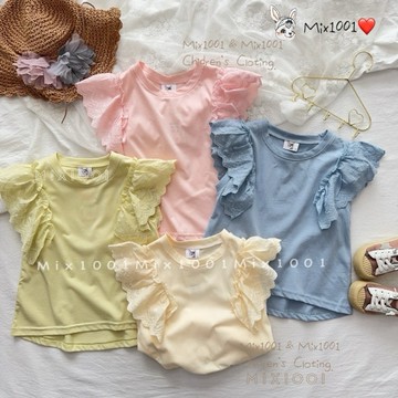 🌈✨mix1001 造型拼接緹花袖純色上衣✨兒童前短後長上衣 5-17