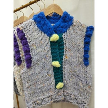 vintage古著減齡設計感秋季手工毛衣單排立體扣撞色加厚拼接馬甲