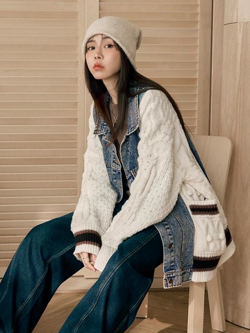 率性水洗牛仔拼接針織外套