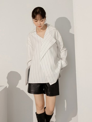 條紋絨面感造型翻領長袖寬版上衣