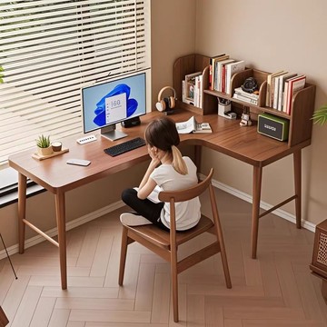 實木轉角書桌家用學習桌臥室電腦桌書架一體桌辦公寫字桌 ph6211