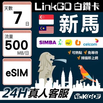 LinkGO白鑽卡 新馬 eSIM卡 7天上網卡 每日500MB 高速流量(新馬網卡 新加坡 馬來西亞 吉隆坡)