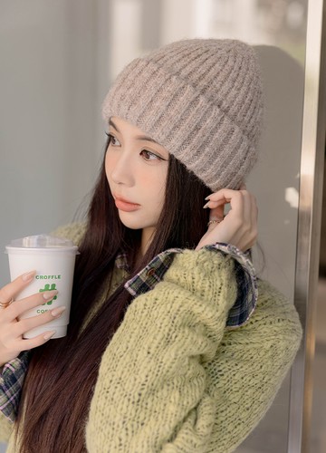 混色線坑條毛帽