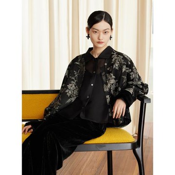 如意連云【明星同款】春秋款提花國風短外套女翻袖口新中式上衣