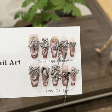 ➕最新設計款穿戴甲💅手工穿戴甲片高級感夏季粉色貓眼美甲顯白小熊蝴蝶結大鑽長款指甲長梯穿戴甲 MBHP