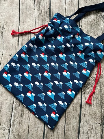 手工製作 深藍和風富士山 棉麻索繩帆布袋 側肩包 內袋大容量