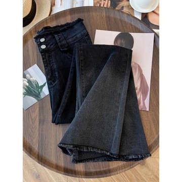 (免運)黑色毛邊流蘇微喇牛仔褲女2025年新款春季小個子爆款馬蹄喇叭褲子