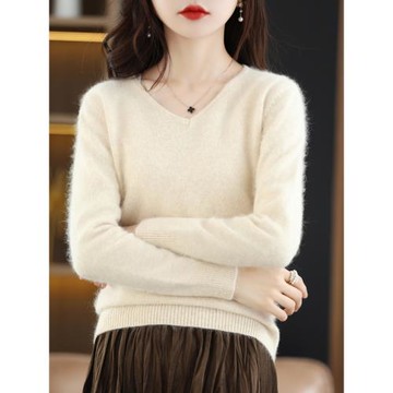 秋冬季新款貂絨毛衣女v領內搭純色羊絨打底針織衫寬松洋氣羊毛衫