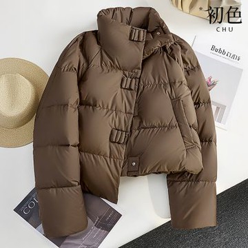 初色 復古純色長袖單排釦立領雙口袋短款設計感保暖羽絨外套女外套-深咖色-17154(M-3XL可選)