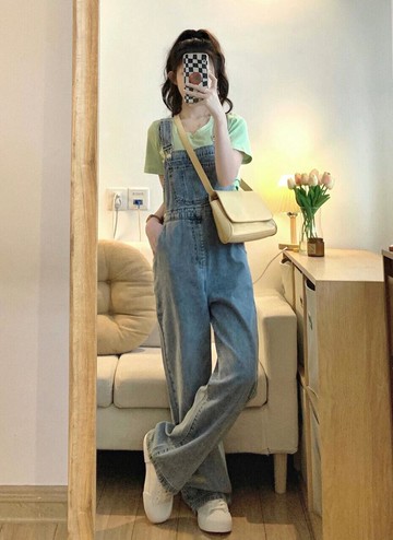 牛仔連身褲裝女設計感港味復古小眾寬松減齡闊腿吊帶連體褲夏季春秋新款