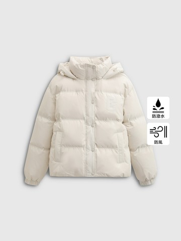 女裝 Logo刺繡防風防潑水連帽羽絨外套-象牙白