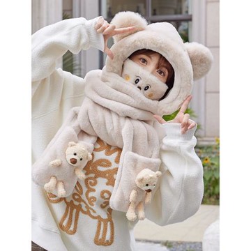 小熊帽子女秋冬毛絨保暖手套圍巾一體帽防風口罩帽圍脖冬季三件套