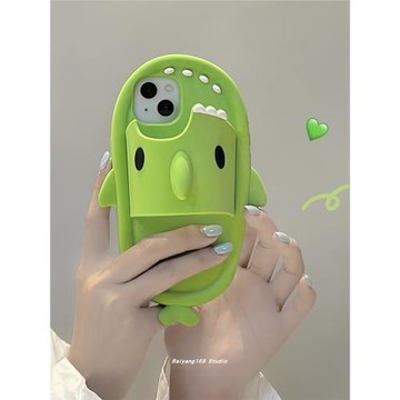 卡通可愛綠色鯊魚拖鞋適用iPhone14promax手機殼14pro新款蘋果13硅膠12創意11小眾全包防摔保護套14女款