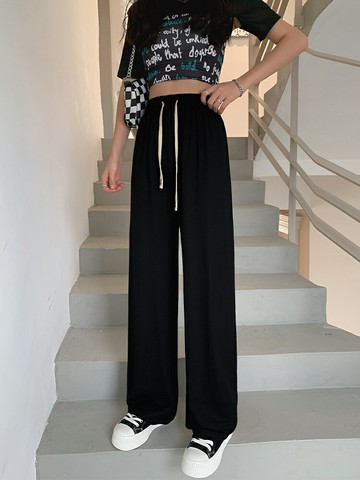 灰色闊腿褲女夏季薄款年新款高腰垂感寬松直筒休閑運動拖地褲