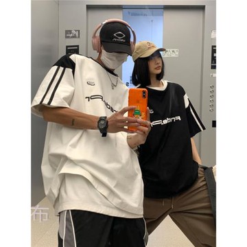 情侶裝t恤男夏季美式潮牌拼接撞色短袖上衣寬松休閑重磅純棉體恤