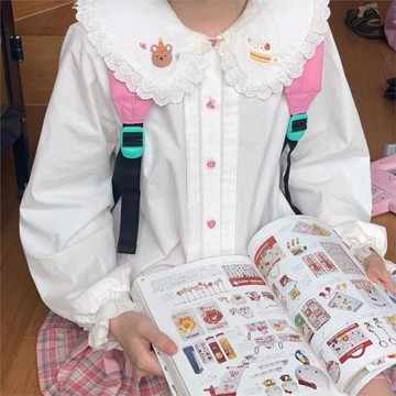 胖MM大碼軟妹可愛小熊花邊娃娃領襯衫學院風加絨寬松長袖遮肚上衣