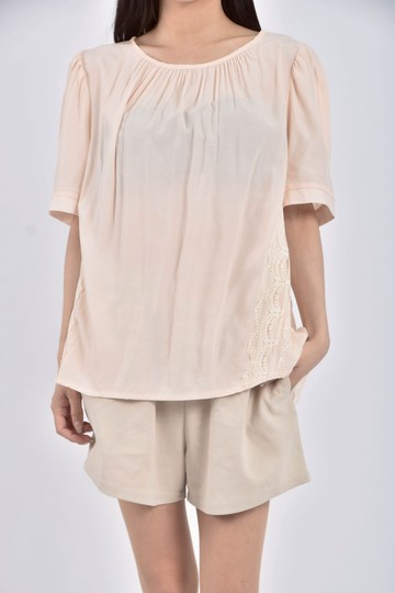 (L) blue ribbon韓牌質感綁帶杏色短袖上衣