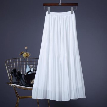 夏季新款高腰松緊純色雪紡百褶半身裙長裙女中長款垂感度假沙灘裙