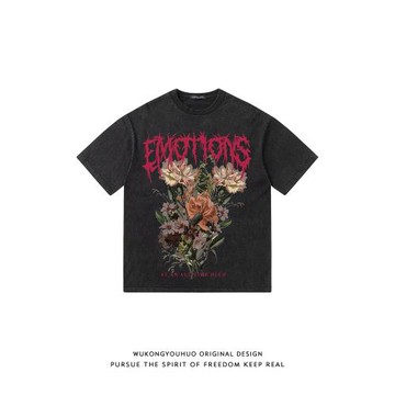 悟空有貨美式復古做舊印花水洗短袖T恤男女夏季oversize高街體恤