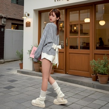 綁腰蝴蝶結寬鬆毛衣-灰【KT224786】