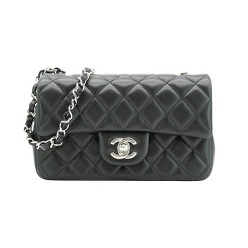 Chanel 展示品 Mini Flap 銀雙C菱格小羊皮斜背鍊包-20cm(A69900-黑)