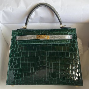 cestbeau進口尼羅鱷魚皮蠟線高光凱莉25cm單肩手提女包金扣雙拼色