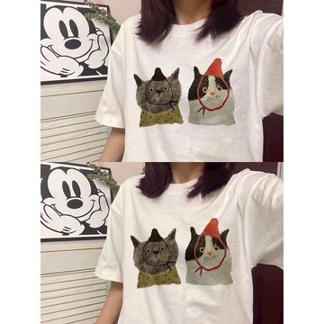 【ⓇⒺⓃⒶ 台灣現貨每天出】韓版夏季短袖/慵懶簡約短袖/貓咪印花短袖/貓奴專用/學生T恤/寬鬆圓領短袖【Q1413】