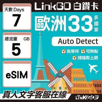 LINKGO白鑽卡 歐洲33國 eSIM卡 7天上網卡 總流量5GB(歐洲網卡 西班牙 德國 奧地利 英國)