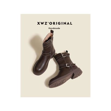 美拉德靴子~棕色真皮馬丁靴女2024秋冬加絨單靴復古皮帶扣短筒靴