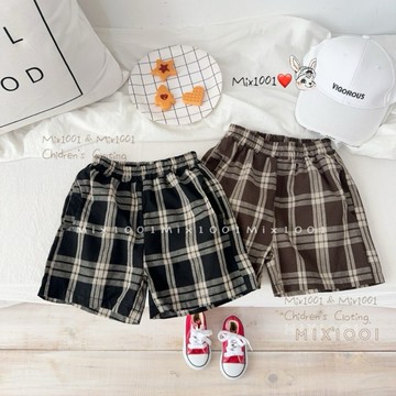 🌈✨mix1001 百搭格紋線條休閒短褲✨兒童大方格紋棉麻短褲 5-17