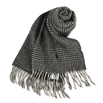 RALPH LAUREN POLO 小馬刺繡LOGO千鳥格紋羊毛混紡圍巾-黑/米灰色