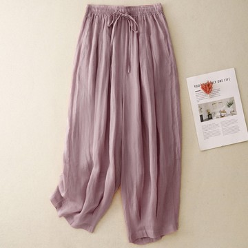 【ACheter】復古純色棉麻褲鬆緊高腰寬鬆顯瘦雙層九分褲# 125189
