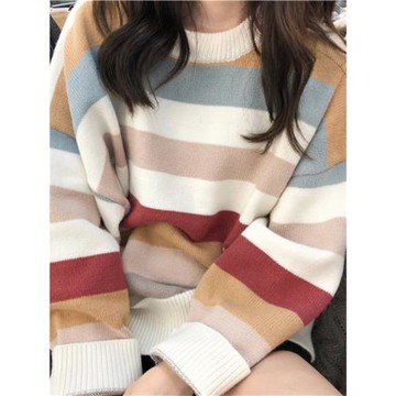 森系外穿毛衣女秋冬季新款寬松外套慵懶風條紋拼接針織衫長袖上衣