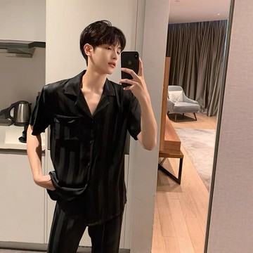 2025年新款睡衣春夏冰絲短袖條紋黑色男士絲綢家居服兩件套鑫弘-衣錦男裝