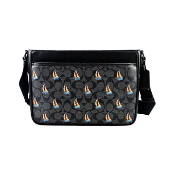 COACH黑灰C Logo PVC帆船印花方型斜背男包