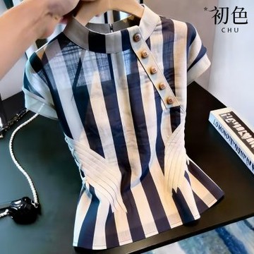 初色 復古風立領短袖條紋斜襟單排釦收腰襯衫上衣女上衣-條紋-51990(M-XL可選)