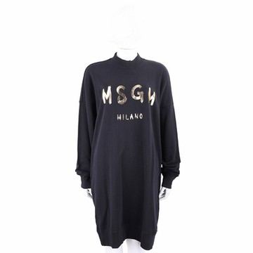 MSGM 燙金塗鴉字母純棉黑色長版運動衫 洋裝