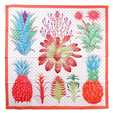 HERMES Index Bromeliaceae鳳梨科斜紋真絲方巾90cm(白色/珊瑚红)370066｜GoBrand