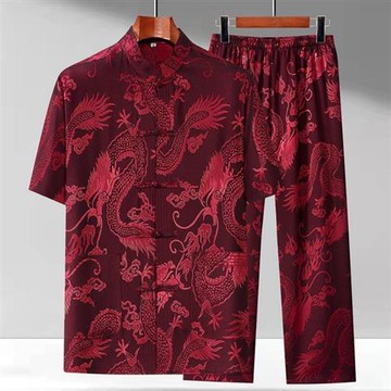 【巴黎精品】現貨+預購 新中式唐裝套裝中國風襯衫短袖冰絲上衣長褲休閒男裝-大龍男裝7色a1kr54