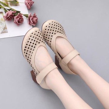 夏軟底真皮中跟包頭淺口手工涼鞋