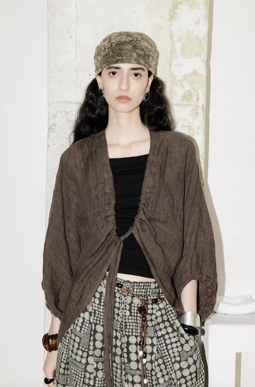 法式復古 肌理皺感色織亞麻襯衫