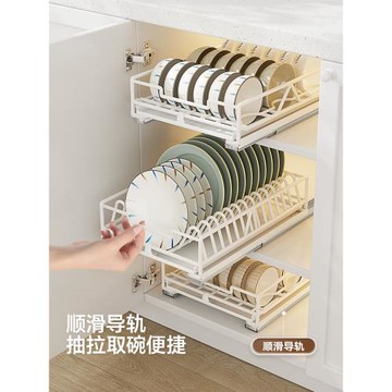 廚房碗碟收納架櫥柜內置拉籃抽屜式抽拉碗架放碗盤瀝水滑軌置物架
