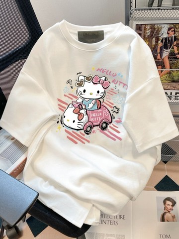 可愛Kitty貓印花純棉短袖T恤女夏季韓版寬鬆獨特別致體女生上衣 慵懶風 男生短袖 oversize寬鬆 韓版短T 圓領