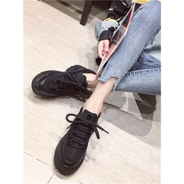 2025春秋新款老爹鞋女33小碼全黑8cm厚底內增高小個子運動休閑鞋