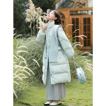 素色左岸可脫卸帽收腰藍色長款羽絨服qc2025冬季新款白鴨絨外套