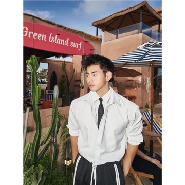 (免運)PAPASLILMONSTER【原創】純色假兩件襯衫男  簡約設計感襯衣女